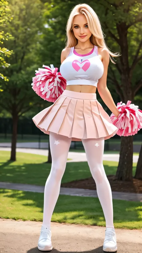 a cheerleader, standing feet together, white and pink clothing, (huge breasts:1.3), (cheerleader skirt:1.2), (pleated pink cheerleader skirt:1.1), (brown pantyhose legs:1.3), (her tanktop is white), low wedge heel booties, long straight platinum-blonde hai...