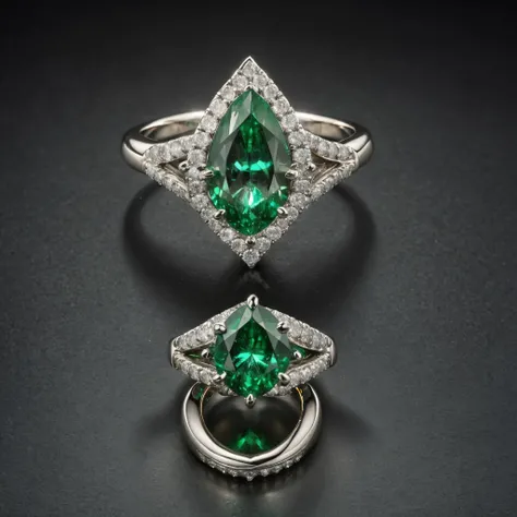 An emerald solitaire diamond ring fractalized into nested compartments brimming with infinitely faceted jewels reflecting endlessly kaleidoscopic fire.