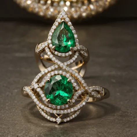 An emerald solitaire diamond ring fractalized into nested compartments brimming with infinitely faceted jewels reflecting endlessly kaleidoscopic fire.