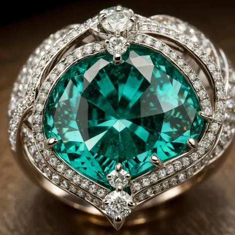 An emerald solitaire diamond ring fractalized into nested compartments brimming with infinitely faceted jewels reflecting endlessly kaleidoscopic fire.