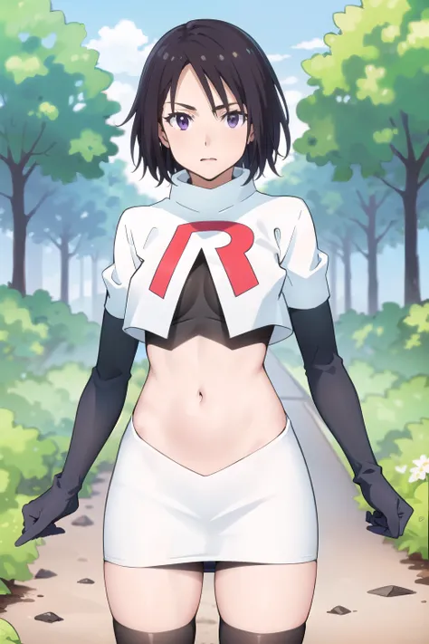 photorealistic, (4k), depth of field, (Masterpiece), (realistic skin texture), extremely detailed, intricate, hyper detailed, professional photography, high resolution, sharp detail, best quality, woman, short hair, black hair, purple eyes, outdoors, fores...