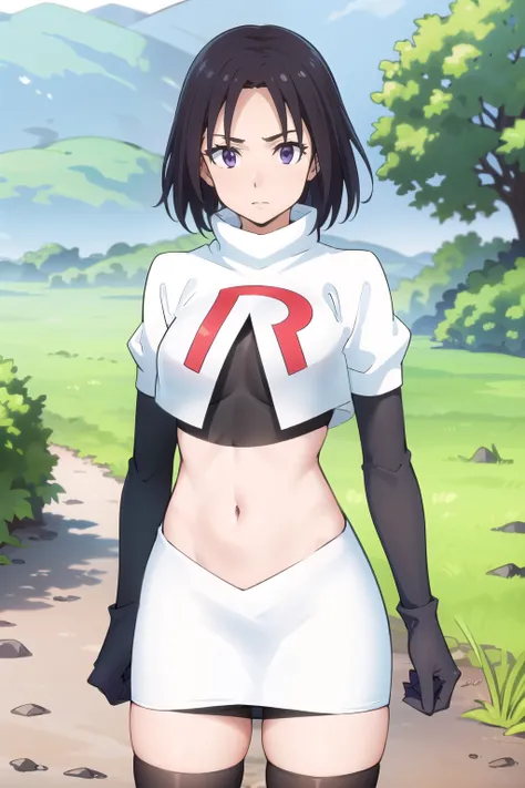 photorealistic, (4k), depth of field, (Masterpiece), (realistic skin texture), extremely detailed, intricate, hyper detailed, professional photography, high resolution, sharp detail, best quality, woman, short hair, black hair, purple eyes, outdoors, fores...