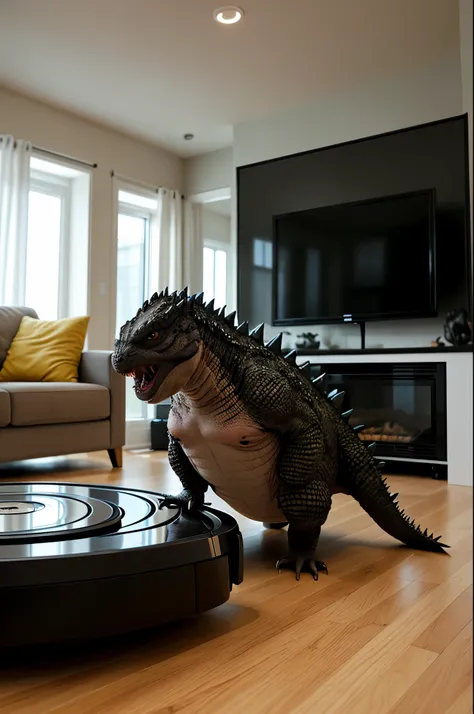 A tiny godzilla acting fierce, riding on a Roomba as it cleans a living room