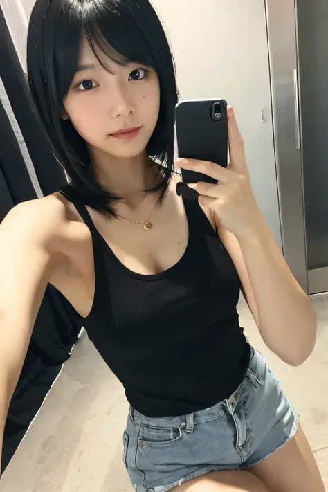 selfie、black hair（The length of my hair is about shoulder blades）、Tank top、shorts、Fair skin