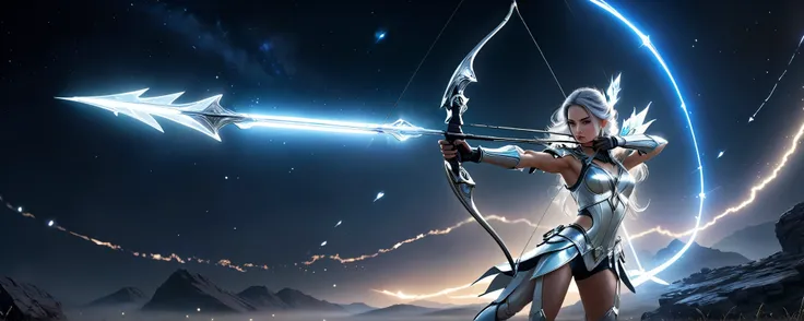 (masterpiece), 8k, best quality, panoramic view, silver detailed war bow. white glowing energy arrows,