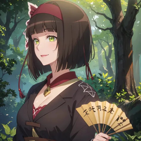 A woman with short dark brown hair, faint green eyes, smiling in a fantasy world forest, holding a fan with one hand, big breast
