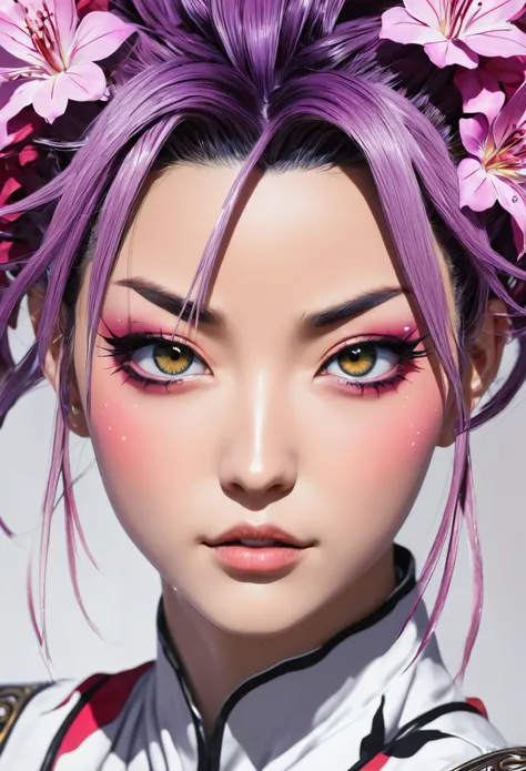 dibujo de una mujer con una flor en la cara, estilo anime, estilo anime jojo, detailed cara de anime, cara de anime, hisoka, highly detailed angry cara de anime, inspirado en anime, cara anime retrato, mirada enojada, mirada severa, pretty cara de anime, y...