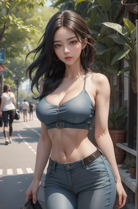 (best quality,4k,8k,high resolution,masterpiece:1.2),super detailed,(actual,realistically,realistically:1.37), Ultra high definition face, A woman in jeans poses for a photo in the park, Thin waist, thick hips, wearing tight clothes, crop top, her navel ex...