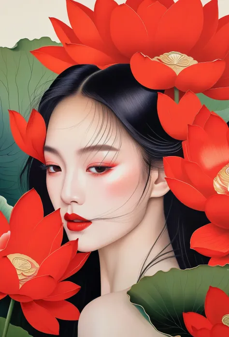 chinese meticulous painting，draw a beautiful girl，long black hair，exquisite makeup，red eye shadow，red lips，lotus leaf，lotus，clea...