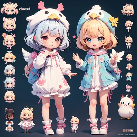 The characters to want to kiss. The character clasps his hands in pleading. , cartoon girl in a chicken costume with a hat and a hand,  kawaii cutest sticker ever, cute digital art, chibi girl, cute anime style, cute detailed digital art, anime chibi, cute...