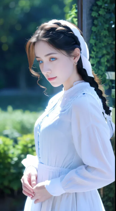 At the center of the masterpiece、A wonderful image is unfolding before your eyes。A woman with white braids stands at the forefront.、Long white hair frames sparkling blue eyes。fair-skinned beauty、She wears modest white clothes that wrap around her upper bod...