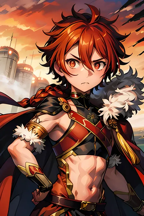 alexander fugo, 1 boy, fur-trimmed cape, crop top, perfect face, cute face, crazy, look away, battlefield, struggle, red sky, fi...