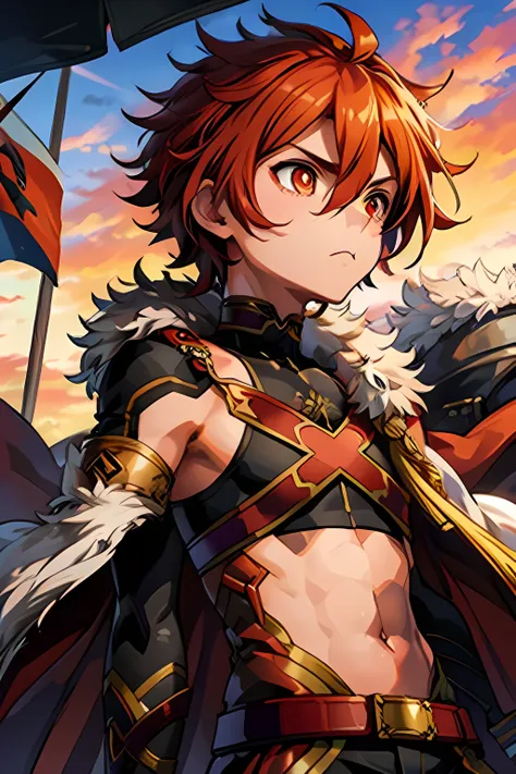 alexander fugo, 1 boy, fur-trimmed cape, crop top, perfect face, cute face, crazy, look away, battlefield, struggle, red sky, fi...