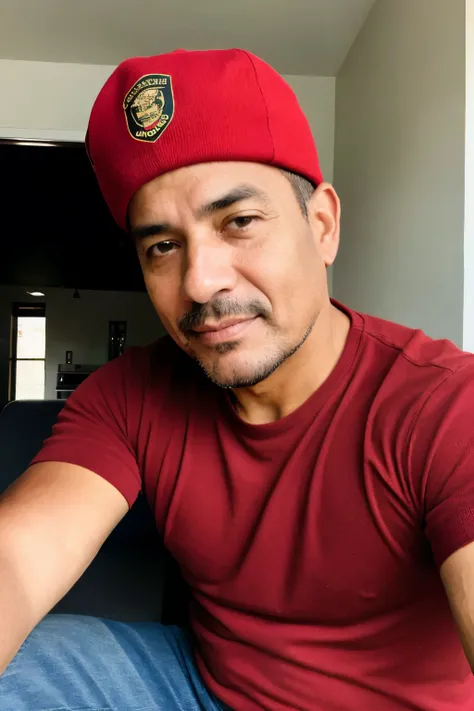 Photo of a 47-year-old Latino man with a red shirt, un gorro blanco , taking a selfie 

