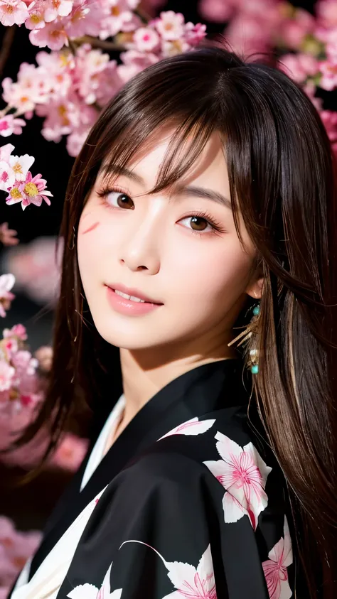 Beautiful Japanese supermodel woman, A lock of hair with slight highlights, black eyes, mixed media, Sexy，Sakura background，Gorgeous kimono , Liquid color flows across her face, Backlight