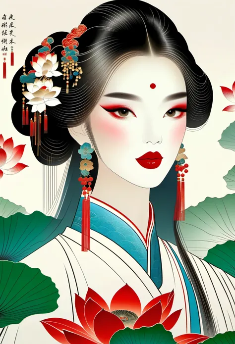 chinese meticulous painting，draw a beautiful girl，long black hair，exquisite makeup，red eye shadow，red lips，lotus leaf，clean back...