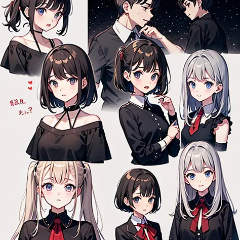 High school girl avatar，Express，black ponytail(9个Express符号，Express符号表，constellation)，9種姿勢和Express（sad，surprise，having fun，excited，giggle，smell the rat，angry，touch your head，Acting cute, wait），Black strokes，various emotions，9種姿勢和Express，8k