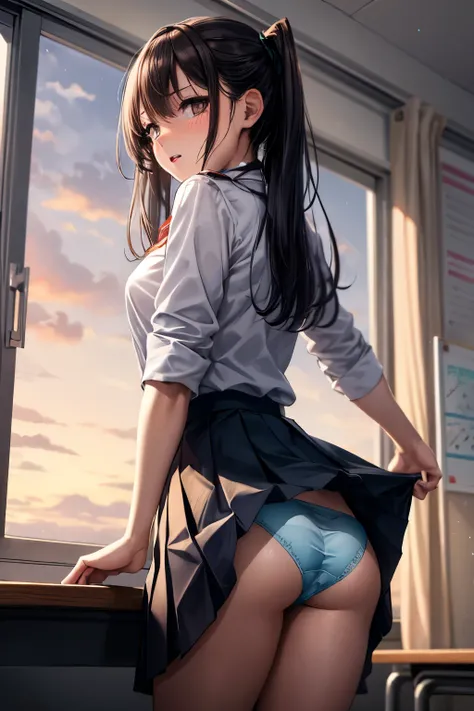 At the classroom window in the evening, a girl in a uniform, a pleated skirt, a scared girl, a teacher touching her underwear, fear, blushing, grabbing her skirt, touching her body, a female student trying to run away, feeling nervous, pulling her panties,