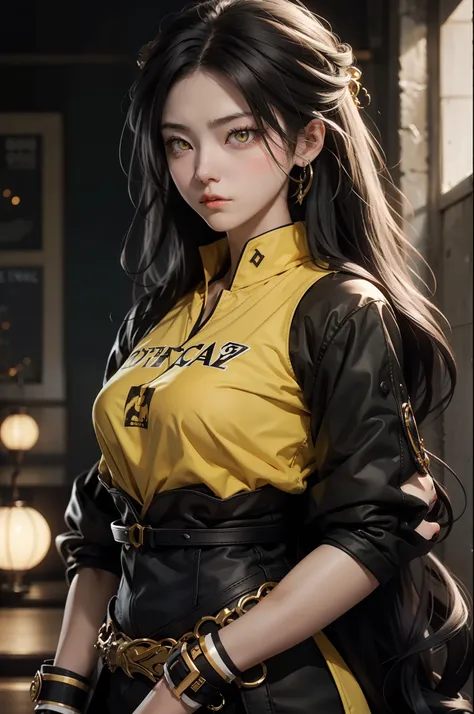 Pale Angry Muscular Girl Thick Chest Black Hair Yellow Eyes Long Hair Hair Between Eyes