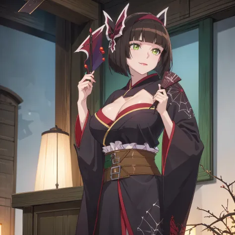 A woman with short dark brown hair, faint green eyes, smiling in a fantasy world forest, holding a fan with one hand, big breast,black kimono with red details and spider web details.

