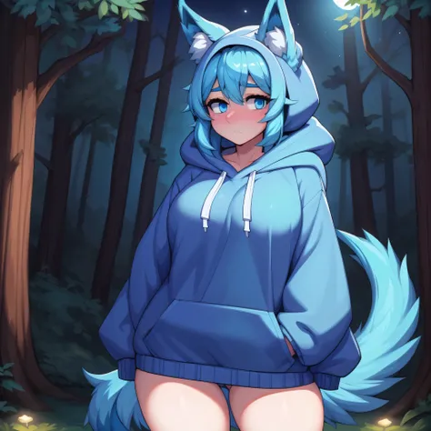 (Masterpiece) (High Detail) (High Res) A short humanoid girl with pale human skin and blue eyes and long blue hair and blue dog ears and a fluffy blue dog tail and average breasts. She is wearing only an oversized baggy hoodie and looks shy as she is stood...