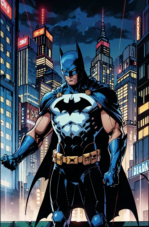 illustration, absurdres, masterpiece, 1boy, jim lee ,batman, standing, night, city, male focus,serious, on roof,cape,black armor...