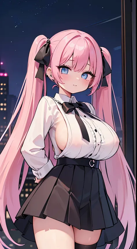 (​masterpiece、top-quality、ultra-detailliert)、((1 girl))、((Pink hair twin tails))、light blue  eyes、evilsmile、piercings、((very Bigger breasts))、jirai fashion、pink clothing、frilld、a black ribbon、Black miniskirt、cowboy  shot、Downtown background at night