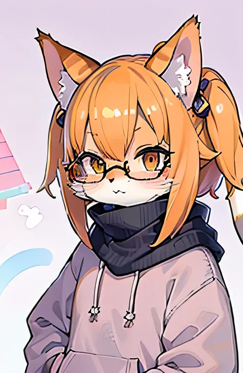 une chatte féline kemono poilue avec une fourrure orange rayée tabby et des cheveux bob kawaii, portant un pull mauve oversize et des lunettes, furaffinité, dreamer, Un chef-d&#39;artwork, Sharpness; 8k resolution, couleurs pastel complémentaires, Lo-Fi, 8...