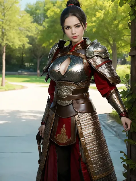 masterpiece，Best quality，HD quality，face close-up，A high resolution，8K，Ancient battlefield background, ((field：1.8))，(Female generals on the battlefield in the Han Dynasty)，18-year-old girl，（long ponytail hairstyle)，cparted lips，Full and erect breasts，Nobl...