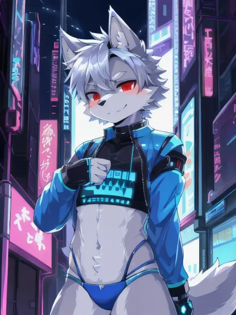 masterpiece, perfect anatomy, solo, 1boy, Furry, kemono, furry wolf, anthropomorphic, male, silver fur, silver skin, red eyes, femboy, cyberpunk clothes, revealing clothes, crop top, thong, ((blue clothing)), cyberpunk city, strip club, uploaded on e621, C...