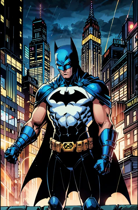 illustration, absurdres, masterpiece, 1boy, jim lee ,batman, standing, night, city, male focus,serious, on roof,cape,black armor, serious, cowboy shot, heavy downpour, floating cape,90s cartoons ,marvel comic,The background is New York City,Professional co...