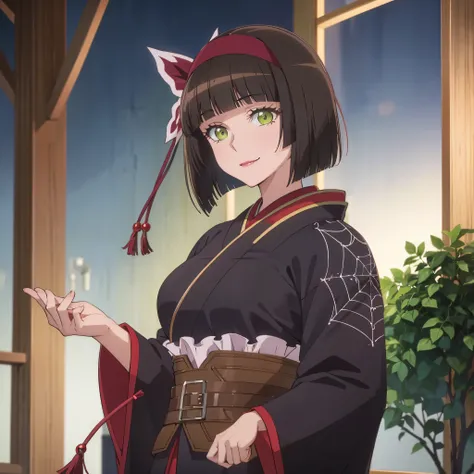 a woman with short dark brown hair, faint green eyes, smiling in a fantasy world forest, big breast,black kimono with red detail...