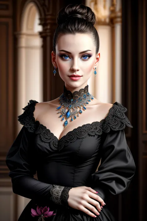 a close up of a woman wearing a black dress and a necklace