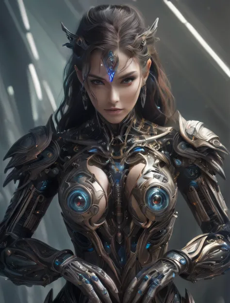 Un primer plano de una mujer con un traje futurista con una espada, hermosa sacerdotisa cyborg, retrato de una reina cyborg, portrait beautiful science fiction girl, cyberpunk robotic elvish queen, diosa cyborg en el cosmos, Hyper-detailed fantasy characte...