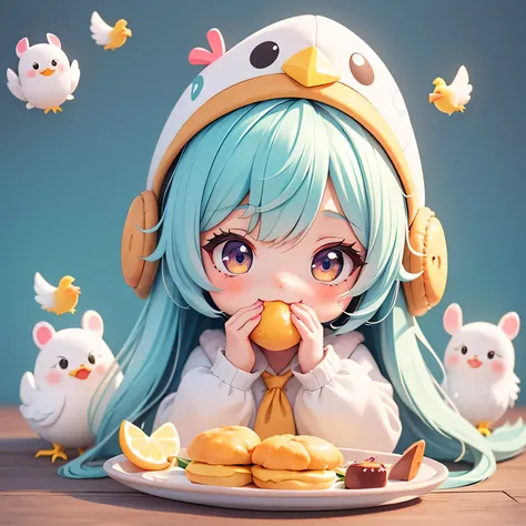 The character makes a mouthful.
A character poses with his face wanting a kiss. The characters to wantest to kiss. The character clasps his hands in pleading. , cartoon girl in a chicken costume with a hat and a hand,  kawaii cutest sticker ever, cute digi...