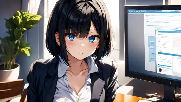 1 female、28 years old、beautiful hair, black hair、shortcut、bob cut、、suit figure、y shirt、Button is closed、Severe、beautiful face、sitting at the office desk、use a computer、look straight at the computer、big and beautiful eyes、beautiful fingers