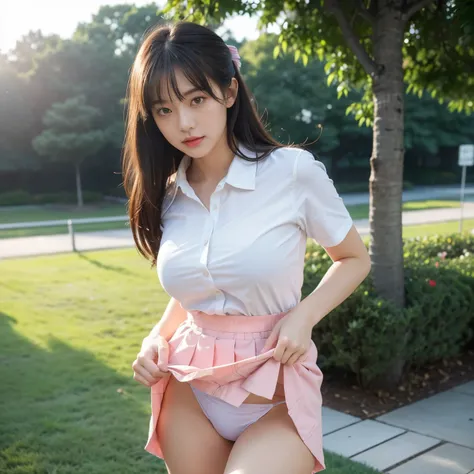 (table top、highest quality、8k、Award-winning work、ultra high resolution)、one high school girl、(Perfect white polyester collared shirt:1.1)、(Pull up your skirt to expose your panties:1.5)、(skirt lift:1.5)、(navy pleated skirt:1.1)、(Cute pink panties:1.1)、(uni...