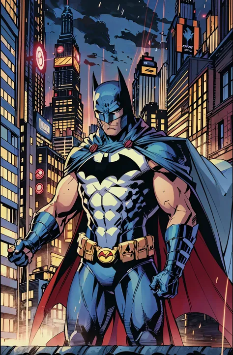 illustration, absurdres, masterpiece, 1boy, jim lee ,batman, standing, night, city, male focus,serious, on roof,cape,black armor, serious, cowboy shot, heavy downpour, floating cape,90s cartoons ,marvel comic,The background is New York City,Professional co...