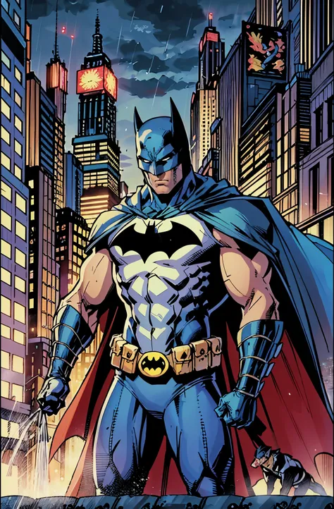 illustration, absurdres, masterpiece, 1boy, jim lee ,batman, standing, night, city, male focus,serious, on roof,cape,black armor...