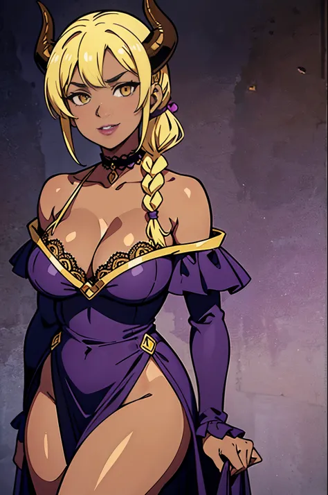 high quality, masterpiece quality, 1woman, facing viewer, succubus, prostitute, ram horns, dark olive skin, tanned skin, yellow colored eyes, blonde hair long bangs, braided ponytail, large breasts, large wide hips, in a lace Ruffle Off Shoulder Mini Dress...