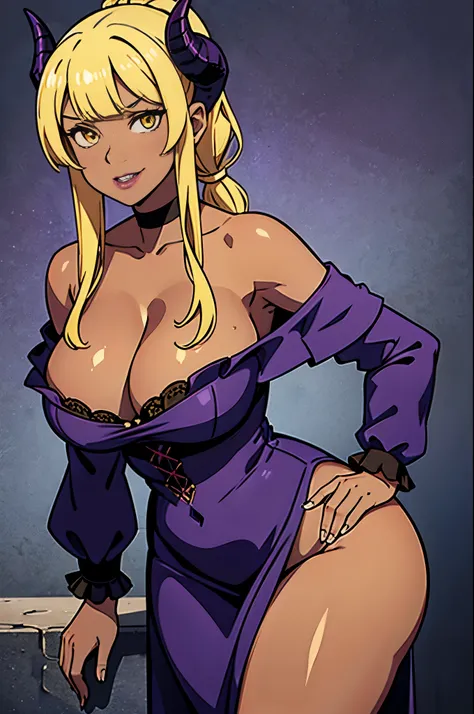 high quality, masterpiece quality, 1woman, facing viewer, succubus, prostitute, ram horns, dark olive skin, tanned skin, yellow colored eyes, blonde hair long bangs, braided ponytail, large breasts, large wide hips, in a lace Ruffle Off Shoulder Mini Dress...