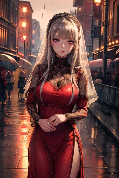 ((Best quality, 8k, lace maxi dress, standing in the rain, red light district, highly detailed face and skin texture, detailed eyes, double eyelids.)