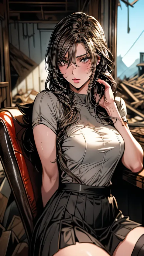 art future anime. bird&#39;perspective, Dirty woman sitting on a chair in a dilapidated house, wet messy hair above the eyes, Detailed bodycon shirt and short pleated skirt. big ship, close-up landscape, hurt. written by hand, cinematic lighting, very deta...