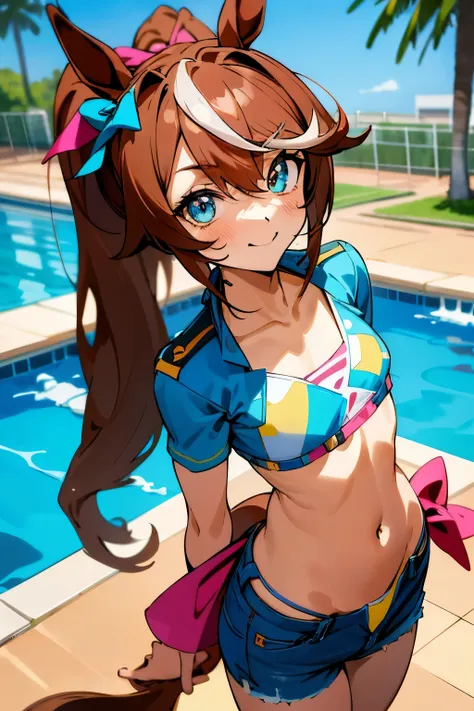 Tokai Teio (umamusume), ((highly detailed eyes)), (((bikini))), masterpiece, highest quality, (abnormal body, small breasts, horse tail,smile, pool, whole body, frontage, long ponytail,hot pants denim