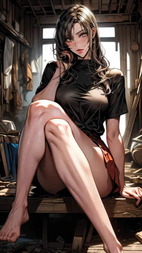 sit with legs wide apart､art future anime. bird&#39;perspective, Dirty woman sitting with legs apart on a chair in a dilapidated house, wet messy hair above the eyes, Detailed bodycon shirt and short pleated skirt. big ship, close-up landscape, hurt. writt...