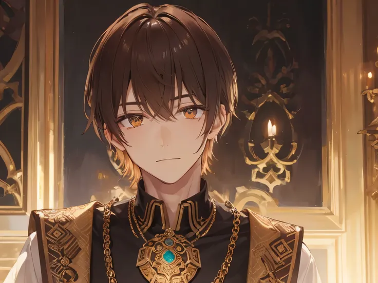 male handsome, wearing casual sorcery clothes, medallion necklace, brown hair and amber brown eyes, soft smile, ambient lighting...