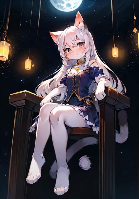 starry night，The moon is hanging high，best quality，8k，sit on the throne，Cat type，white hair，Furry man with tail，girl on solo basis，solemn clothing，，super cute face，