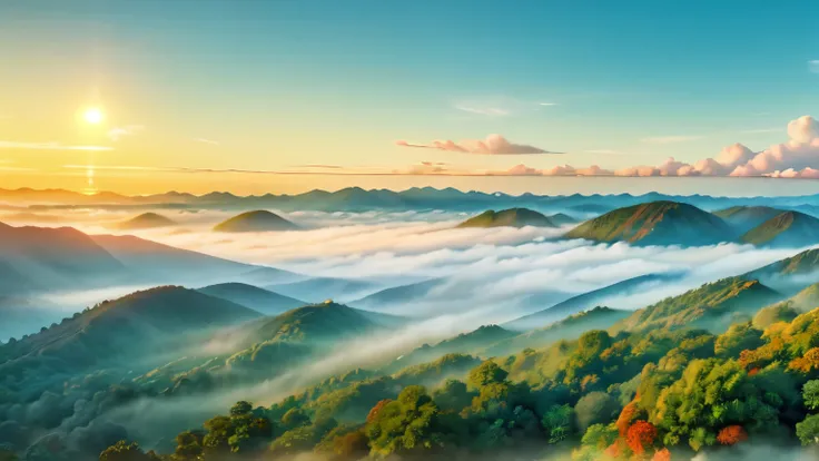 An anime-style panoramic drone shot captures the serene beauty of Chiang Rais lush green mountains, enveloped in a gentle sea of mist at dawn.
Strawberry fields add vibrant patches of red to the landscape, contrasting with the verdant hues.
Above, the sky ...