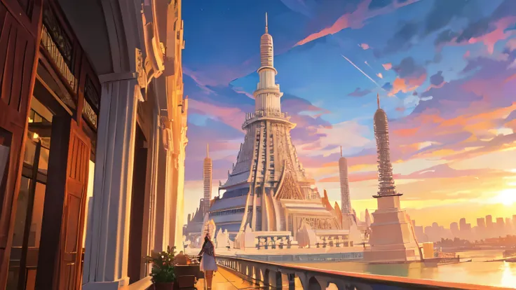 An anime-style aerial view of Bangkok, with a focus on the glittering Wat Arun temple at the heart of the city.
The intricate details of the temples architecture are highlighted in gold, standing majestically along the riverbank.
The surrounding cityscape ...