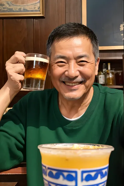 Portrait of a smiling Chinese man in his 50s drinking beer,bangs divided into center